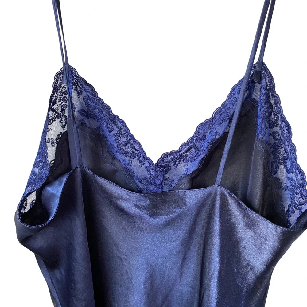 La Mouette Navy Blue Satin Lace Trim Chemise Slip‎ Dress Nightgown Medium